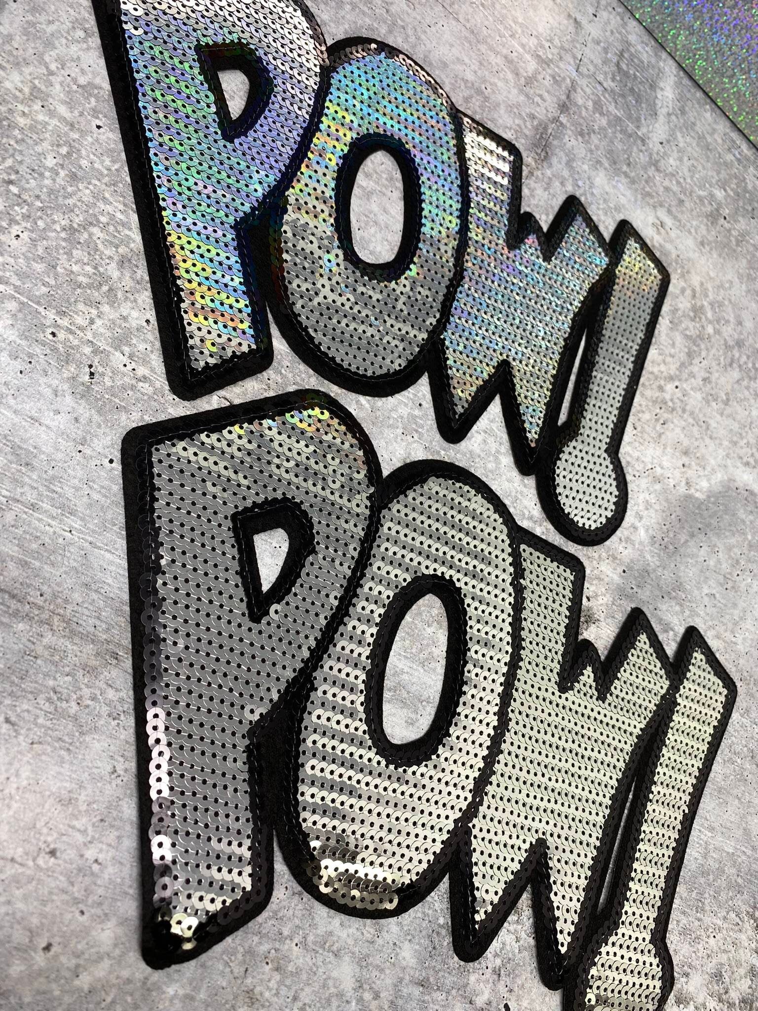 NEW, Silver "POW!" Sequins Sparkling Patch, Large Applique, Statement Patch, Iron-on, Size 10"x6", DIY Jacket, Varsity Jacket, Camo