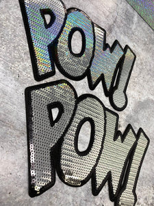 NEW, Silver "POW!" Sequins Sparkling Patch, Large Applique, Statement Patch, Iron-on, Size 10"x6", DIY Jacket, Varsity Jacket, Camo