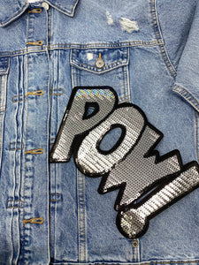 NEW, Silver "POW!" Sequins Sparkling Patch, Large Applique, Statement Patch, Iron-on, Size 10"x6", DIY Jacket, Varsity Jacket, Camo