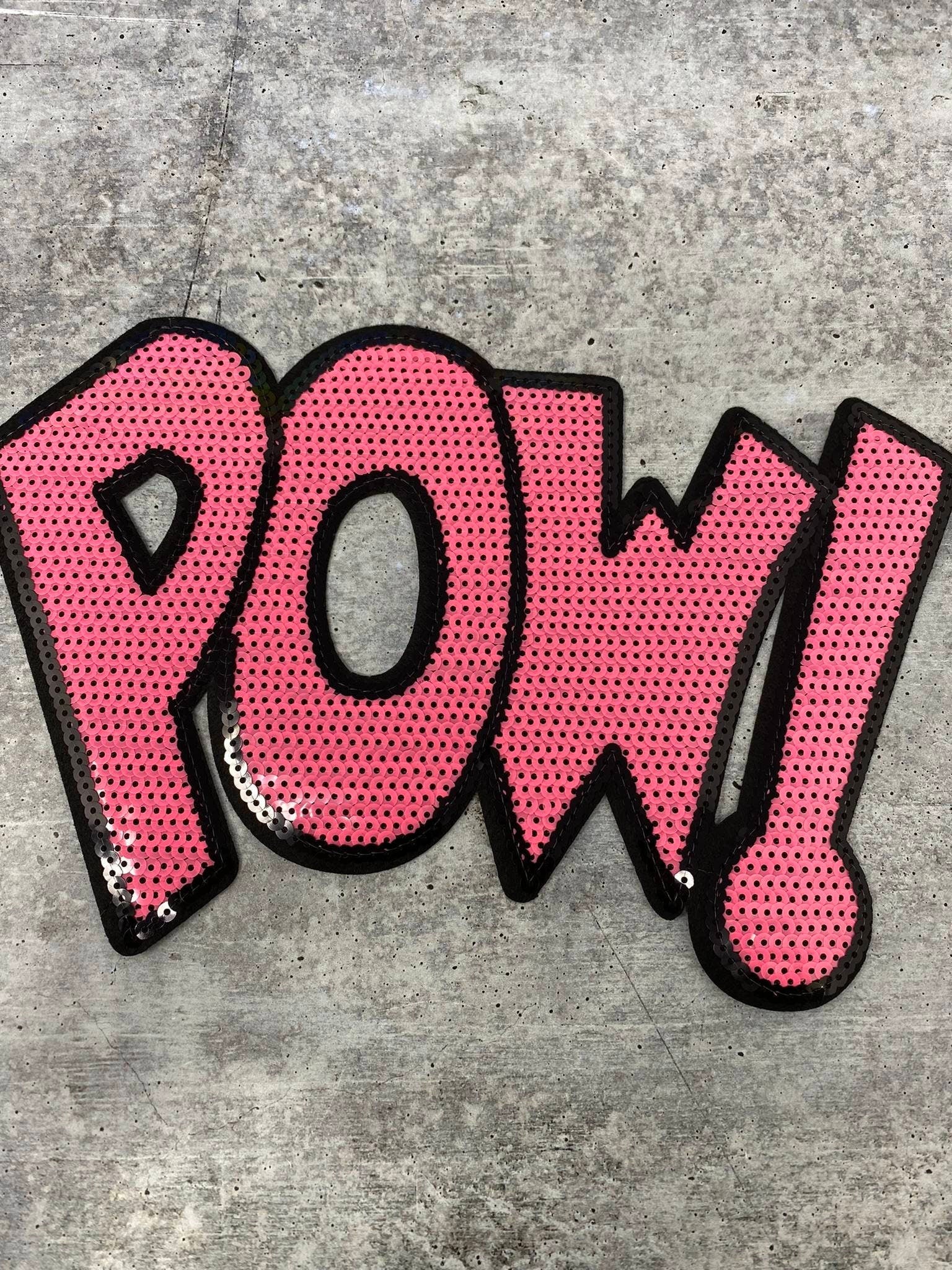 NEW, Pink "POW!" Sequins Sparkling Patch, Large Applique, Statement Patch, Iron-on, Size 10"x6", DIY Jacket, Varsity Jacket, Camo, Hoodie