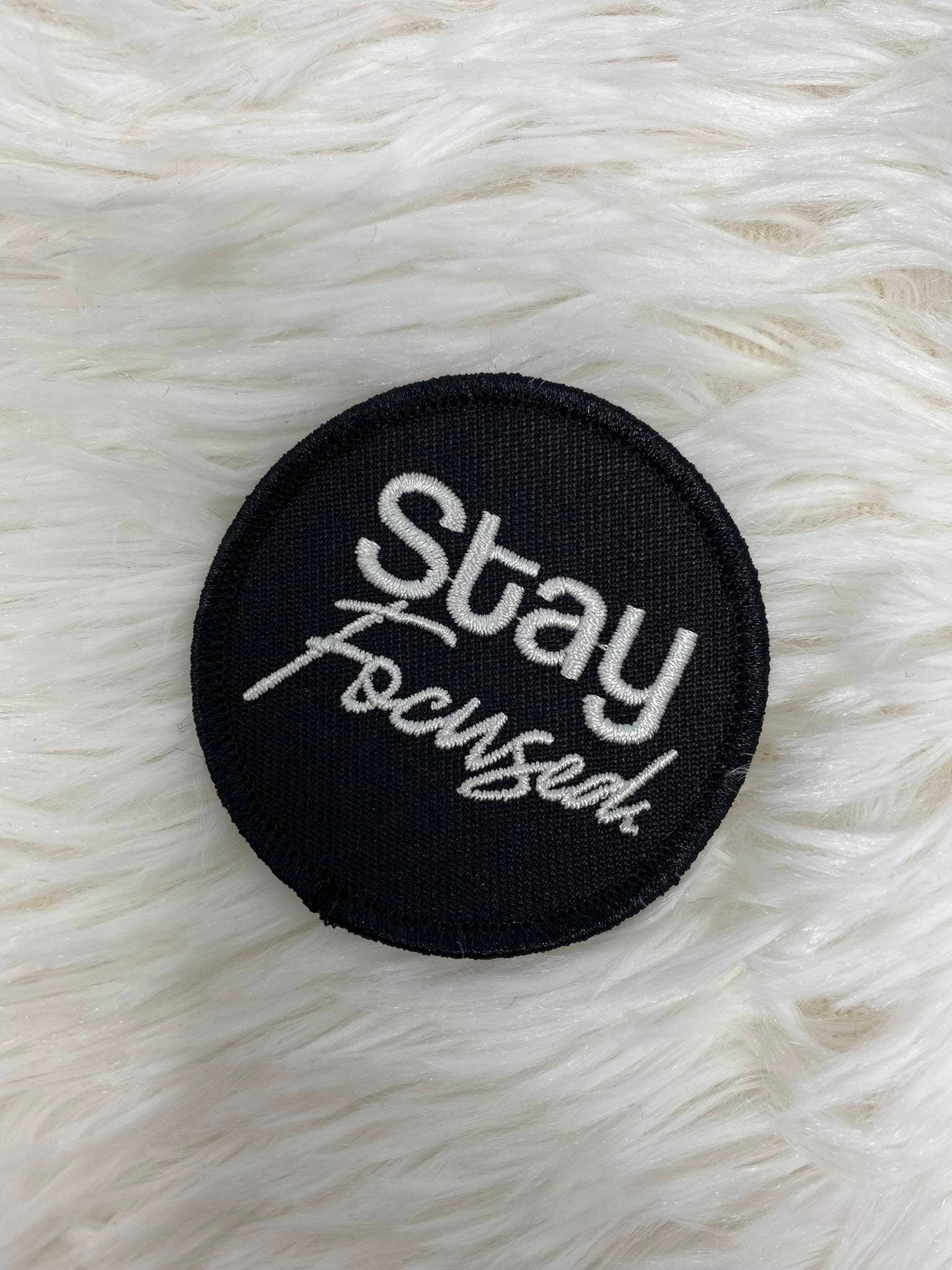 Inspirational,"Stay Focused" Black & White, Iron-on Embroidered Badge, Size 2.75", Minimalist Patch for Hats, Crocs, Apparel and Accessories