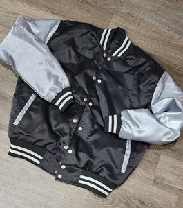 Limited Edition: Satin, Black Body, Gray Arms, White Stripes, Varsity Jacket with Ribbed Cuffs, Interior Zipper, Starter Sports Jacket