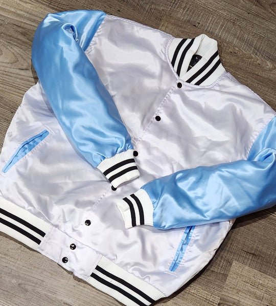 Limited Edition: Satin, Carolina Blue Arms, White Body, Blk Stripes, Varsity Jacket with Ribbed Cuffs, Interior Zipper, Starter Sport Jacket