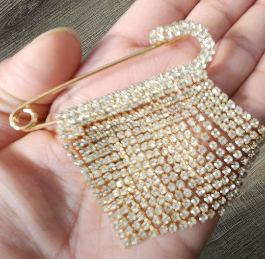 6-pc set, GOLD "Drippin"  Rhinestone Safety Pin Brooches for Clothing & Accessories, Bling Safety Pins for Crafting, Size 3" , Alloy Pins