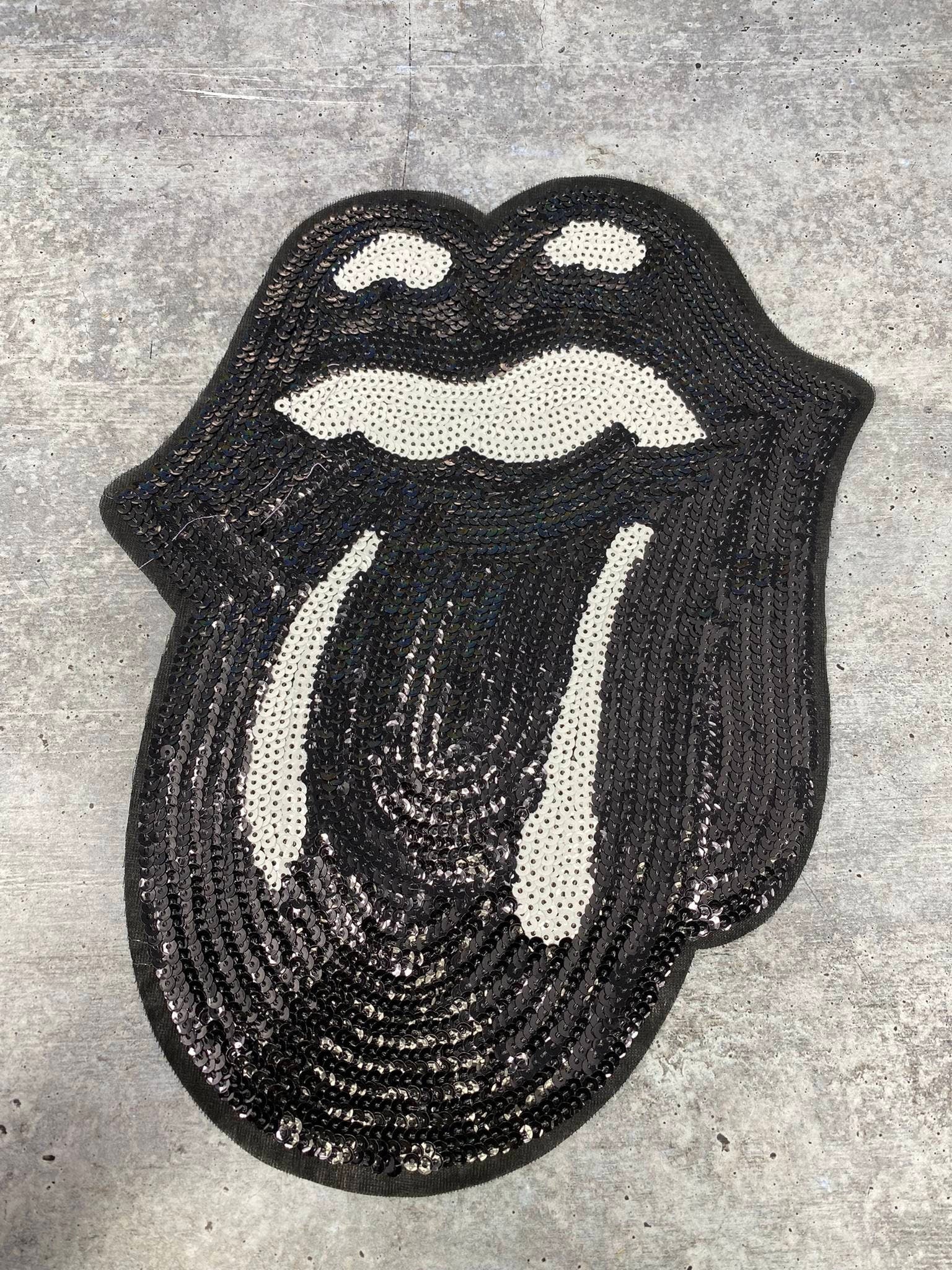 Sequins "Midnight BLACK" Lips & Tongue Kiss Patch, Iron-on Applique, Size 13" x 9", LARGE Bling Patch for Denim Jacket, Shirts, Hoodies