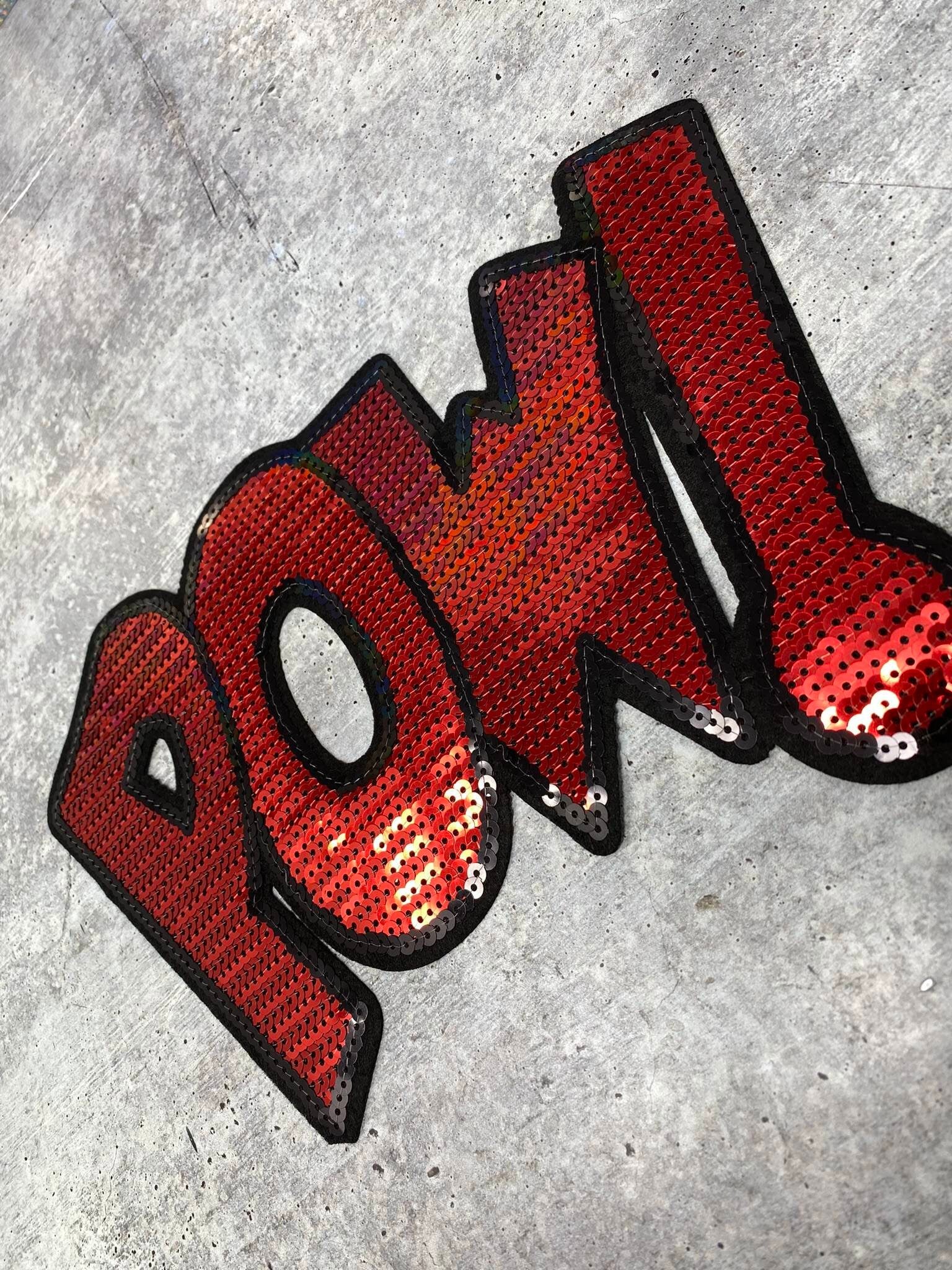 NEW, Red "POW!" Sequins Sparkling Patch, Large Applique, Statement Patch, Iron-on, Size 10"x6", DIY Jacket, Varsity Jacket, Camo, Hoodie