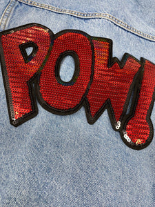 NEW, Red "POW!" Sequins Sparkling Patch, Large Applique, Statement Patch, Iron-on, Size 10"x6", DIY Jacket, Varsity Jacket, Camo, Hoodie