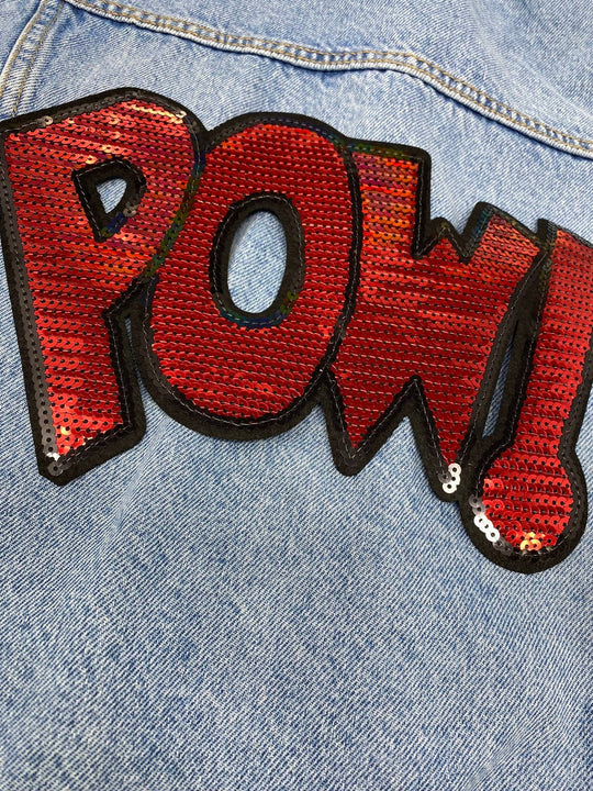 NEW, Red "POW!" Sequins Sparkling Patch, Large Applique, Statement Patch, Iron-on, Size 10"x6", DIY Jacket, Varsity Jacket, Camo, Hoodie