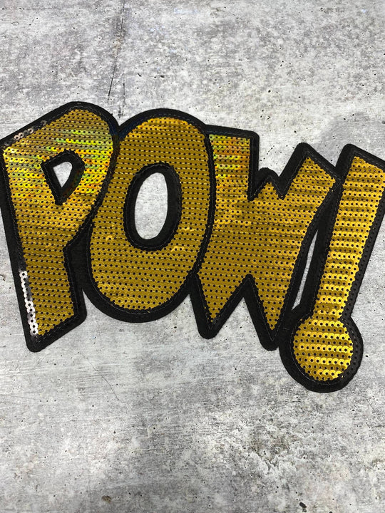 NEW, Gold "POW!" Sequins Sparkling Patch, Large Applique, Statement Patch, Iron-on, Size 10"x6", DIY Jacket, Varsity Jacket, Camo