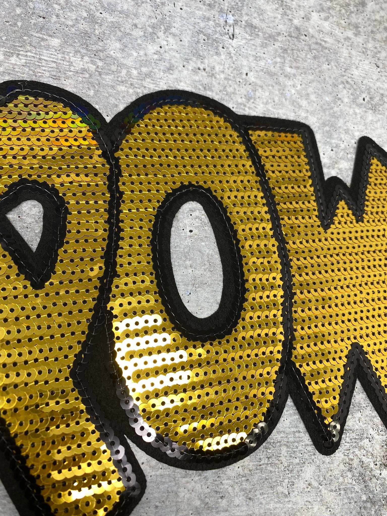 NEW, Gold "POW!" Sequins Sparkling Patch, Large Applique, Statement Patch, Iron-on, Size 10"x6", DIY Jacket, Varsity Jacket, Camo