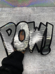 NEW, Silver "POW!" Sequins Sparkling Patch, Large Applique, Statement Patch, Iron-on, Size 10"x6", DIY Jacket, Varsity Jacket, Camo