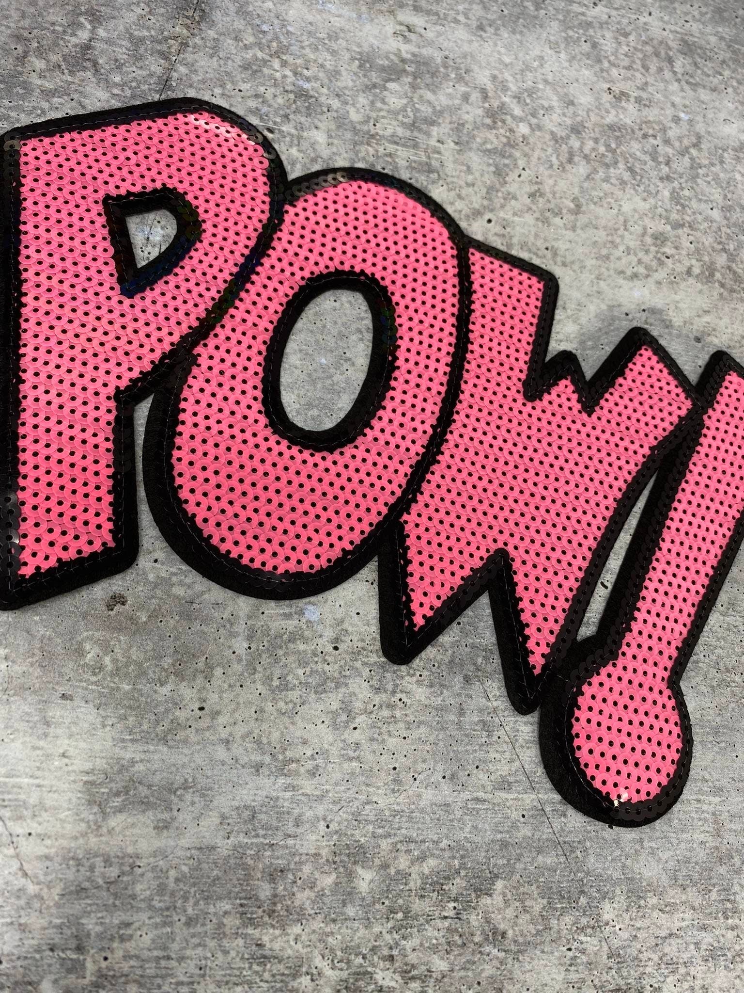 NEW, Pink "POW!" Sequins Sparkling Patch, Large Applique, Statement Patch, Iron-on, Size 10"x6", DIY Jacket, Varsity Jacket, Camo, Hoodie