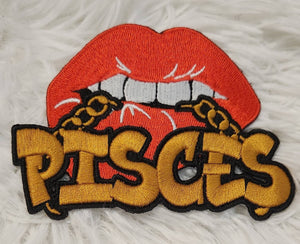 New Color, Poppin' Red Lip "Pisces" w/DARK Gold Chain|Iron-On Patch|Astrology Applique|Cool Embroidered Patch|DIY Patch for Denim