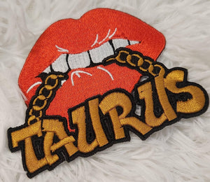 New Color, Poppin' Red Lip "Taurus" w/DARK Gold Chain|Iron-On Patch|Astrology Applique|Cool Embroidered Patch|DIY Patch