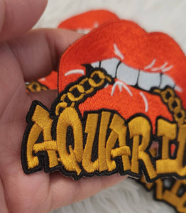 New Color, Poppin' Red Lip "Aquarius" w/DARK Gold Chain|Iron-On Patch|Astrology Applique|Cool Embroidered Patch|DIY Patch