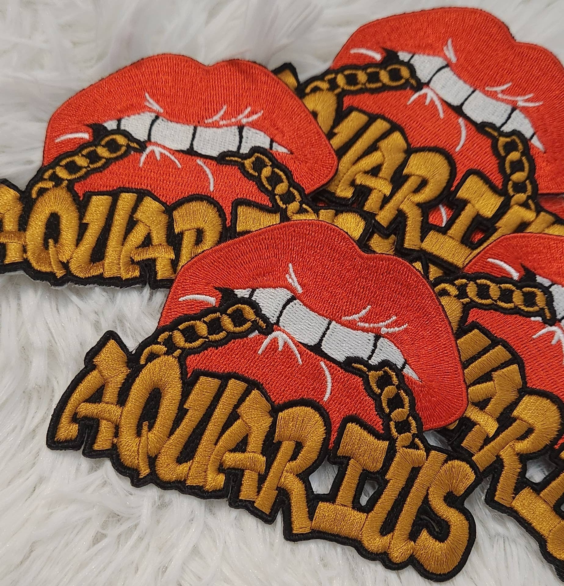 New Color, Poppin' Red Lip "Aquarius" w/DARK Gold Chain|Iron-On Patch|Astrology Applique|Cool Embroidered Patch|DIY Patch