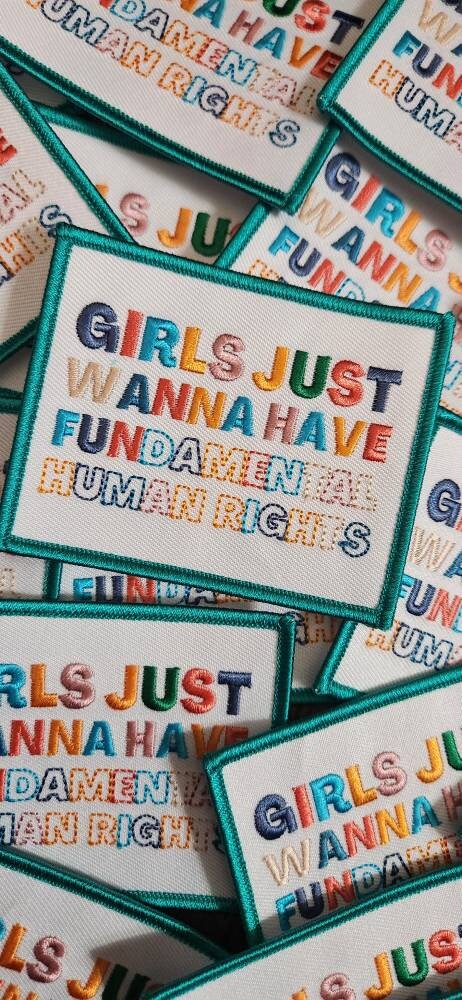 Women Empowerment, 1-pc Colorful Statement Patch "Girls Just Wanna Have Fundamental Human Rights" Iron-on Embroidered Patch, Size 3.5"x2"