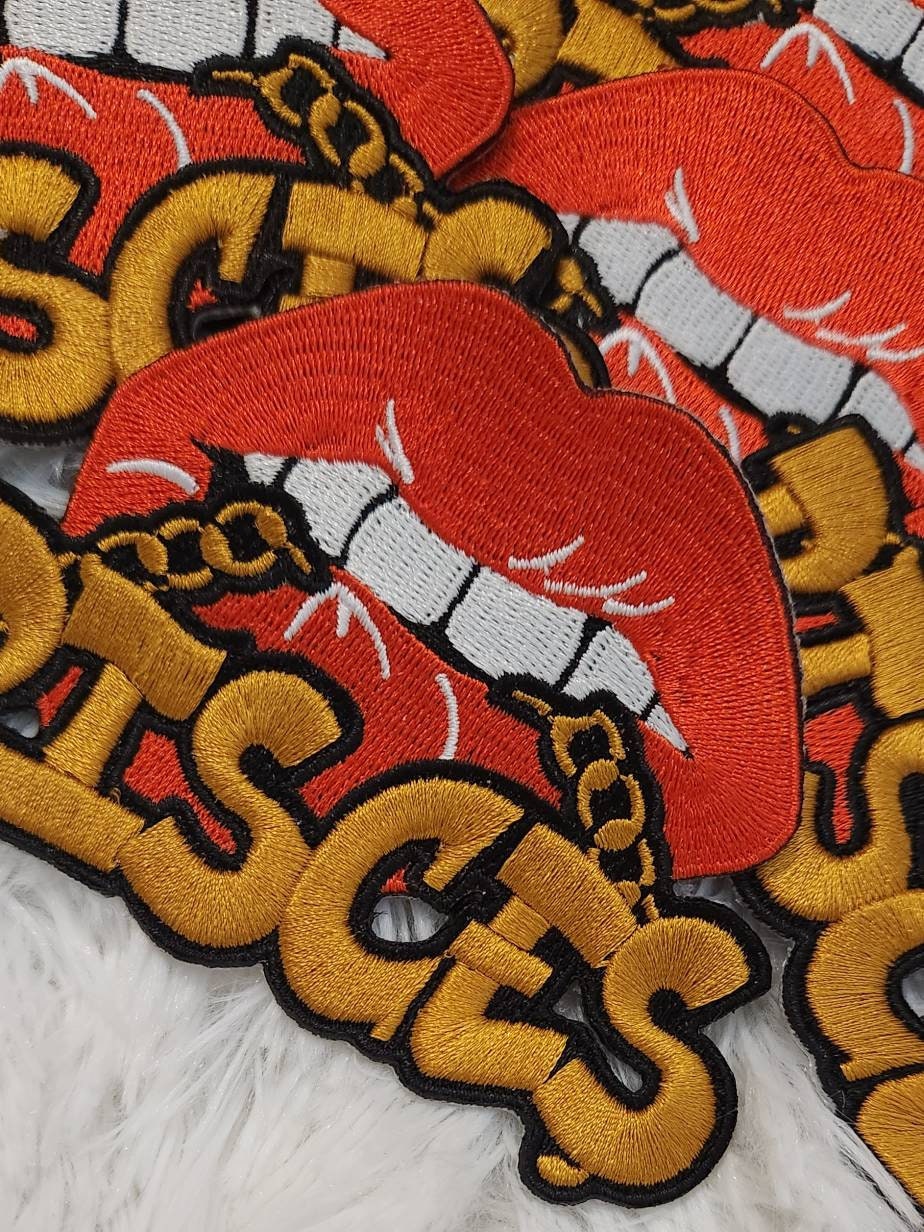 New Color, Poppin' Red Lip "Pisces" w/DARK Gold Chain|Iron-On Patch|Astrology Applique|Cool Embroidered Patch|DIY Patch for Denim