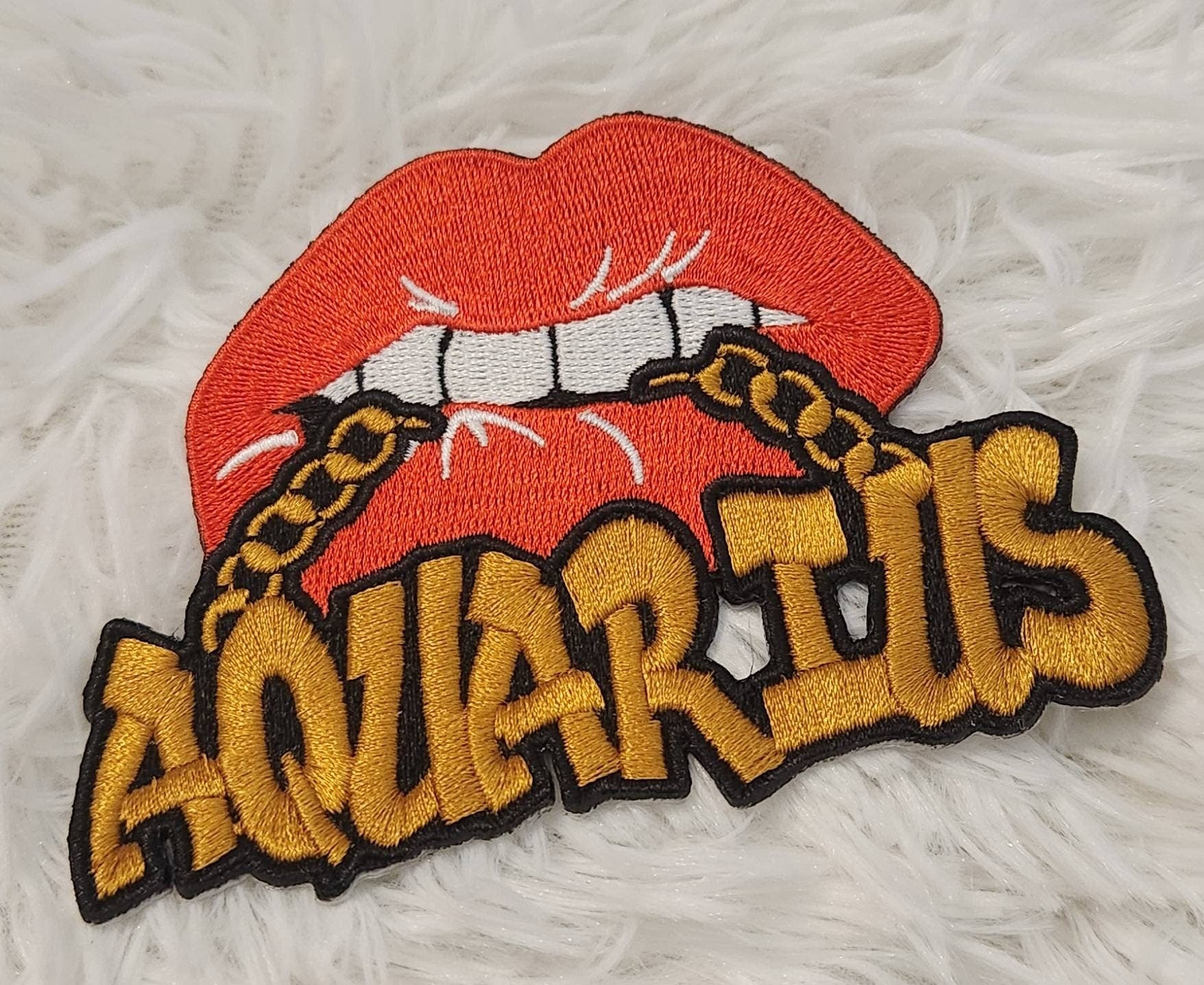 New Color, Poppin' Red Lip "Aquarius" w/DARK Gold Chain|Iron-On Patch|Astrology Applique|Cool Embroidered Patch|DIY Patch