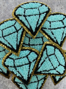 New: Blue, Chenille 1-pc ‰ÛÏDiamond" w/Gold Glitter, Size 2.5", Love Patch with Iron-on Backing, Fuzzy Applique, Iron-on Patch for Girls