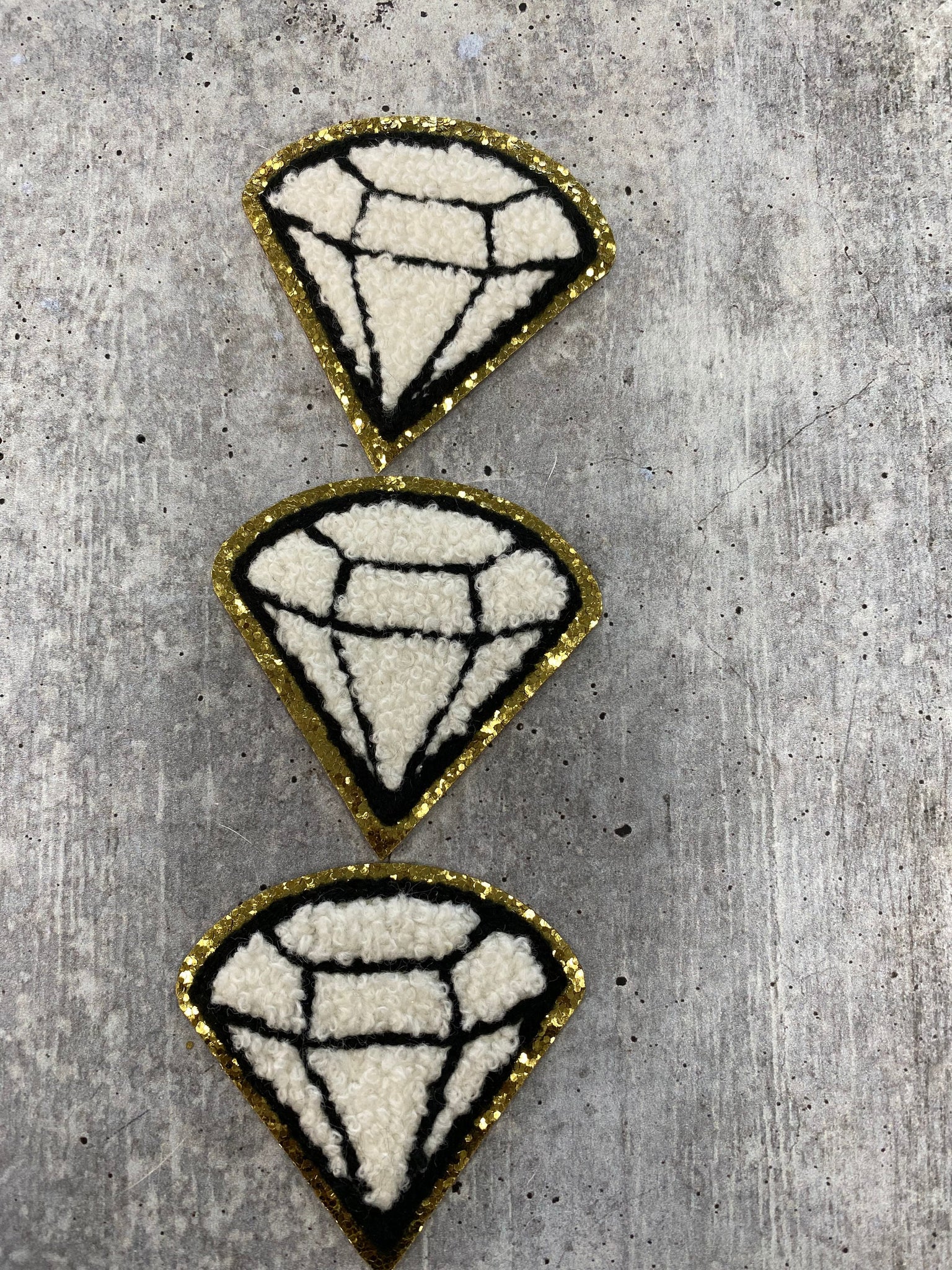 New: White, Chenille 1-pc ‰ÛÏDiamond" w/Gold Glitter, Size 2.5", Love Patch with Iron-on Backing, Fuzzy Applique, Iron-on Patch for Girls