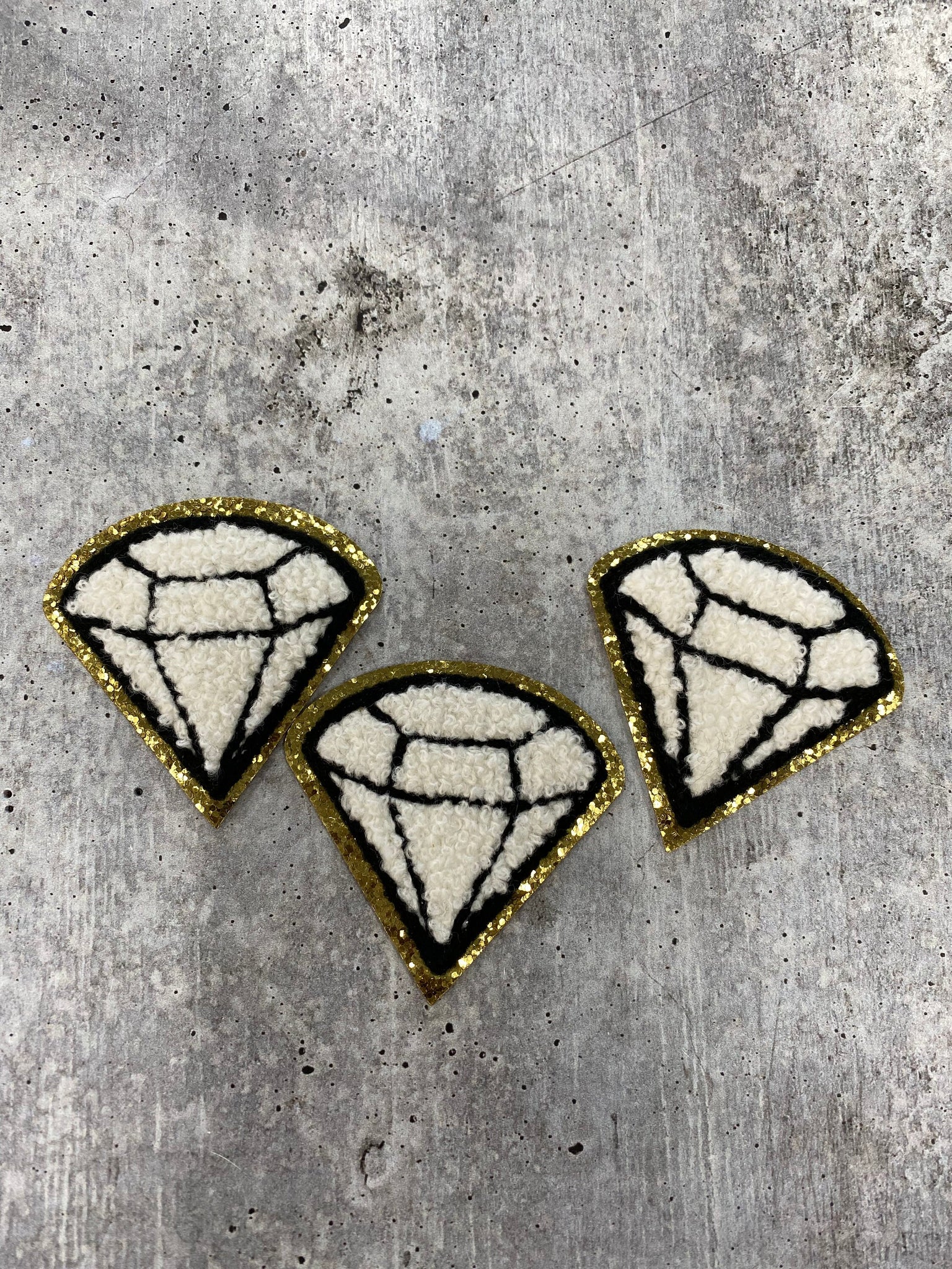 New: White, Chenille 1-pc ‰ÛÏDiamond" w/Gold Glitter, Size 2.5", Love Patch with Iron-on Backing, Fuzzy Applique, Iron-on Patch for Girls