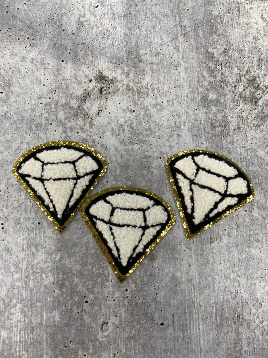 New: White, Chenille 1-pc ‰ÛÏDiamond" w/Gold Glitter, Size 2.5", Love Patch with Iron-on Backing, Fuzzy Applique, Iron-on Patch for Girls