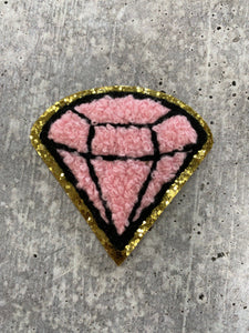 New: Pink, Chenille 1-pc ‰ÛÏDiamond" w/Gold Glitter, Size 2.5", Love Patch with Iron-on Backing, Fuzzy Applique, Iron-on Patch for Girls