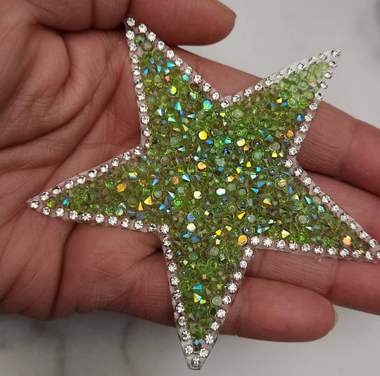 New, Green AB Rhinestone "Star" Bling Patch, Size 3", Cool Applique For Clothing, Iron-on Patch, Small Patch for Jackets, DIY Projects