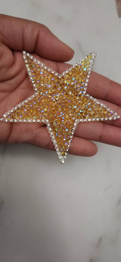 New, Yellow AB Rhinestone "Star" Bling Patch, Size 3", Cool Applique For Clothing, Iron-on Patch, Small Patch for Jackets, DIY Projects