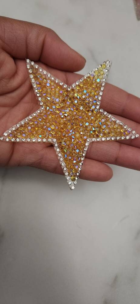 New, Yellow AB Rhinestone "Star" Bling Patch, Size 3", Cool Applique For Clothing, Iron-on Patch, Small Patch for Jackets, DIY Projects