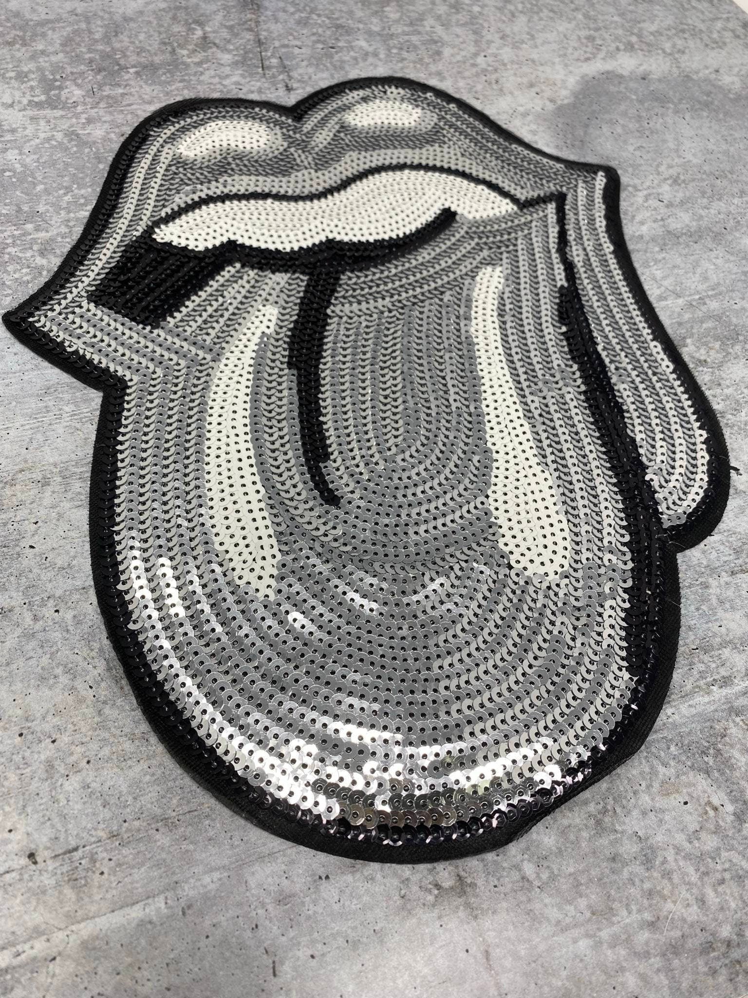 Sparkling "Silver" Sequins KISS Lips and Tongue Patch (iron-on) Size 13", LARGE Bling Patch for Denim Jacket, Shirts, Hoodies, and More