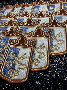 Royal, 1-pc "Gold Key" Gold, Silver, & Blue Metallic Royalty Crest with Brown Velvet, Small Emblem, Embroidered Patch, Iron-On, Size 3", DIY