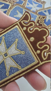 Royal, 1-pc "Medieval Cross" Gold, Glitter, & Blue Metallic Royalty Crest w/Brown Velvet, Small Emblem, Embroidered Patch, Iron-On, Size 3"