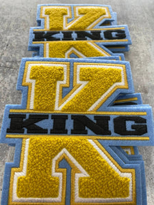 Varsity Monogram Letter, 1-pc, "K" King, Chenille Iron-on Patch, Size 6", Gold|Blue|White|Black, Patch for Men's Jacket, Hoodies, & More