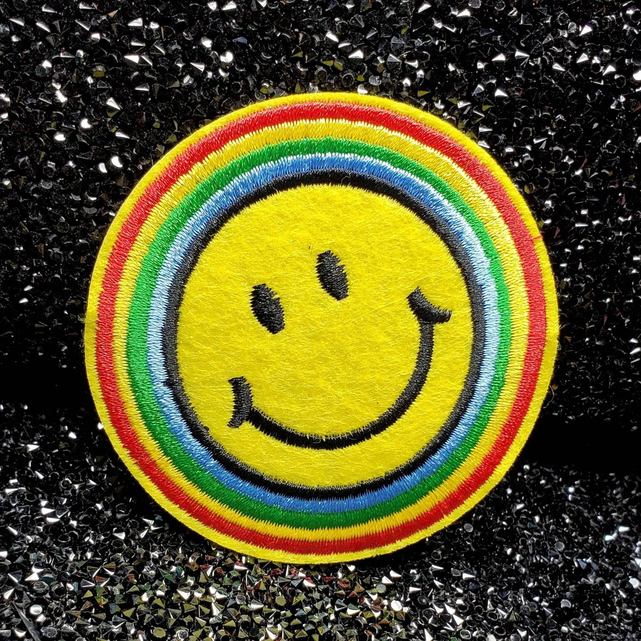 Super Happy "Colorful Face Emoji" Circular Patch, Embroidered Iron On Patch, Fashion Patch for Clothing, 3-inch x 3-inch badge