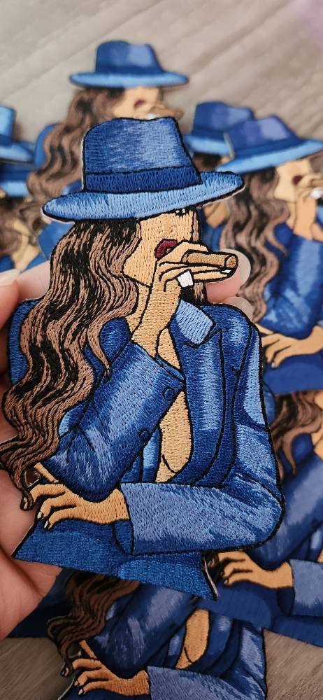 Stogie Chic 1-pc "Blue" Fedora/Blazer/Cigar, Smoking Patch, Iron-on Applique for Clothing, Hats, Crocs, Bags, and more!! Size 4.5"