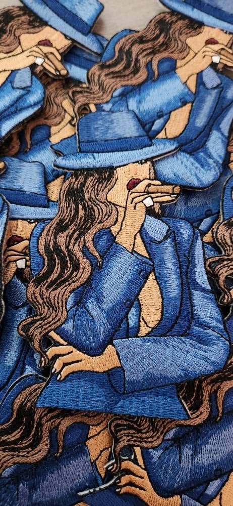 Stogie Chic 1-pc "Blue" Fedora/Blazer/Cigar, Smoking Patch, Iron-on Applique for Clothing, Hats, Crocs, Bags, and more!! Size 4.5"