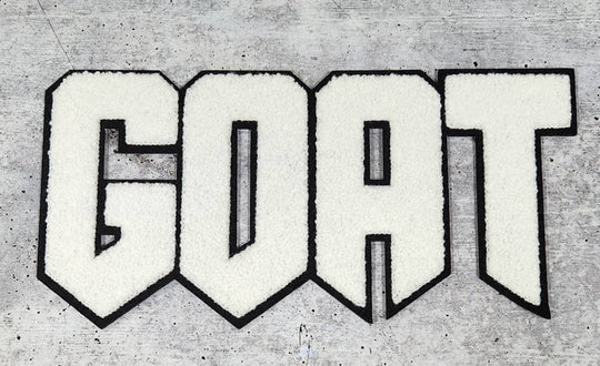 NEW, 1-pc White & Black "GOAT" Chenille Iron-On Patch, Size 9"x5", Large Patch for Varsity Jackets, Denim Jackets, Shirts, Hoodies