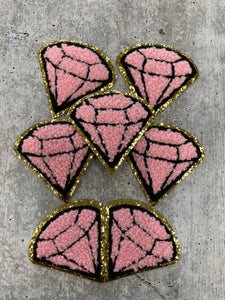 New: Pink, Chenille 1-pc ‰ÛÏDiamond" w/Gold Glitter, Size 2.5", Love Patch with Iron-on Backing, Fuzzy Applique, Iron-on Patch for Girls