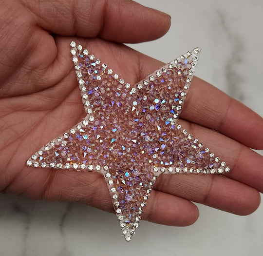 New, LIGHT Pink AB Rhinestone "Star" Bling Patch, Size 3", Cool Applique For Clothing, Iron-on Patch, Small Patch for Jackets, DIY Projects
