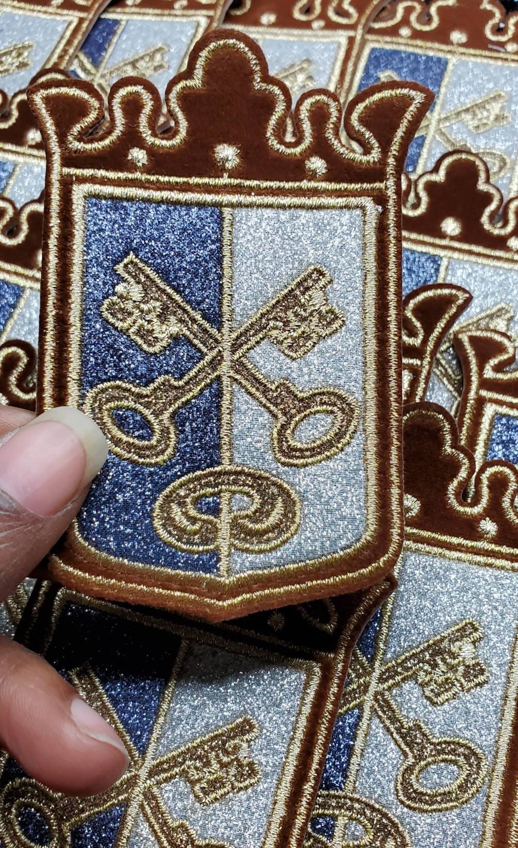 Royal, 1-pc "Gold Key" Gold, Silver, & Blue Metallic Royalty Crest with Brown Velvet, Small Emblem, Embroidered Patch, Iron-On, Size 3", DIY