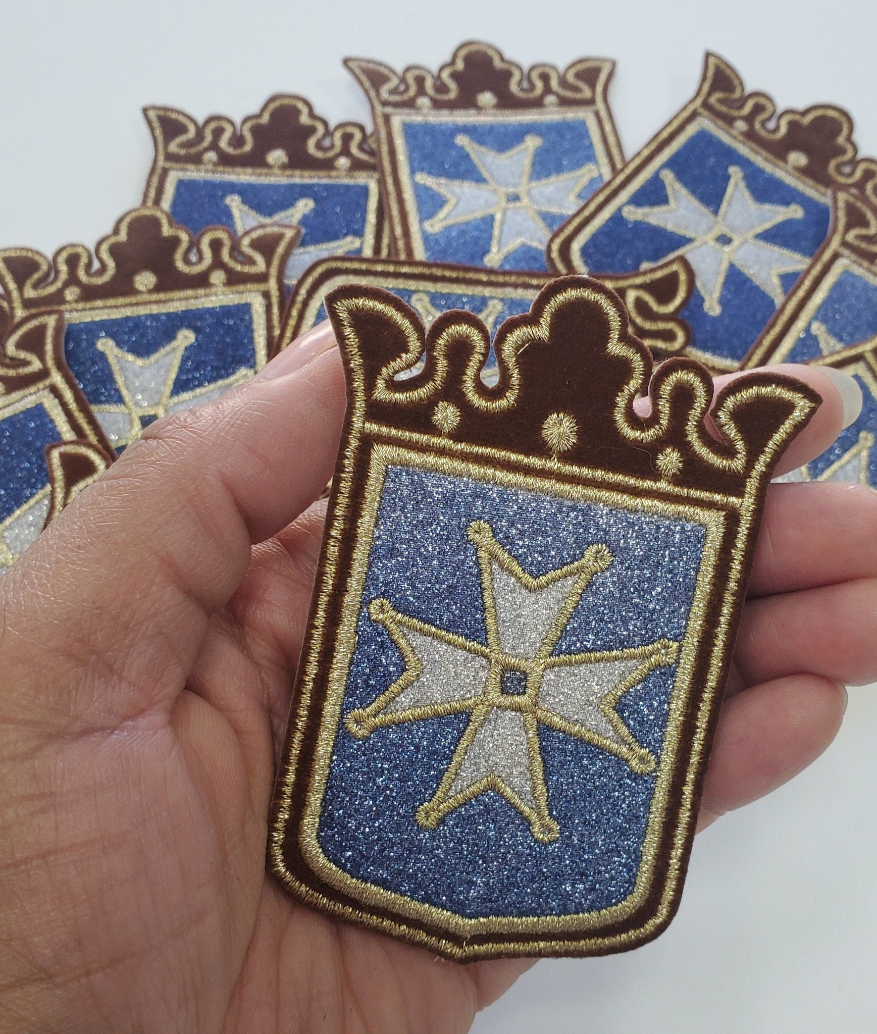 Royal, 1-pc "Medieval Cross" Gold, Glitter, & Blue Metallic Royalty Crest w/Brown Velvet, Small Emblem, Embroidered Patch, Iron-On, Size 3"