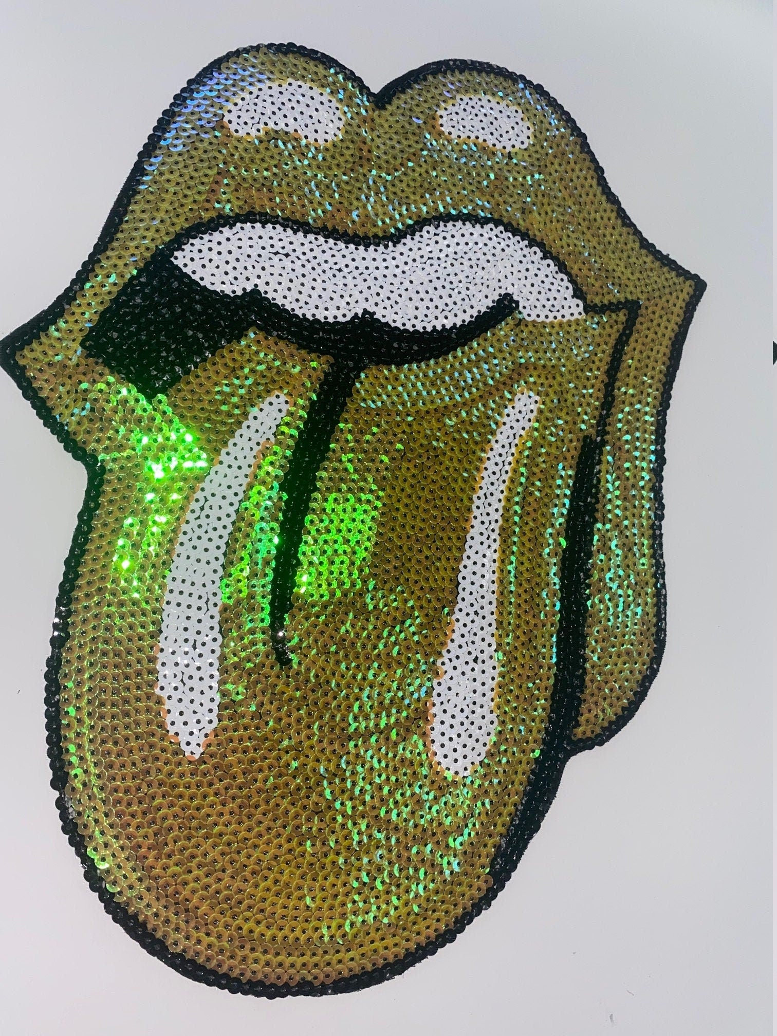 Sequins Yellow Iridescent KISS Lips and Tongue Patch (iron-on) Size 13", LARGE Bling Patch for Denim Jacket, Shirts, Hoodies, and More