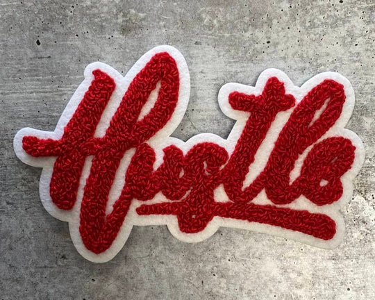 New SIZE, 1-pc Red & White "Hustle" Chenille Patch (iron-on) Size 6"x4", Varsity Patch for Denim, Camos, Hoodies, Small Patch