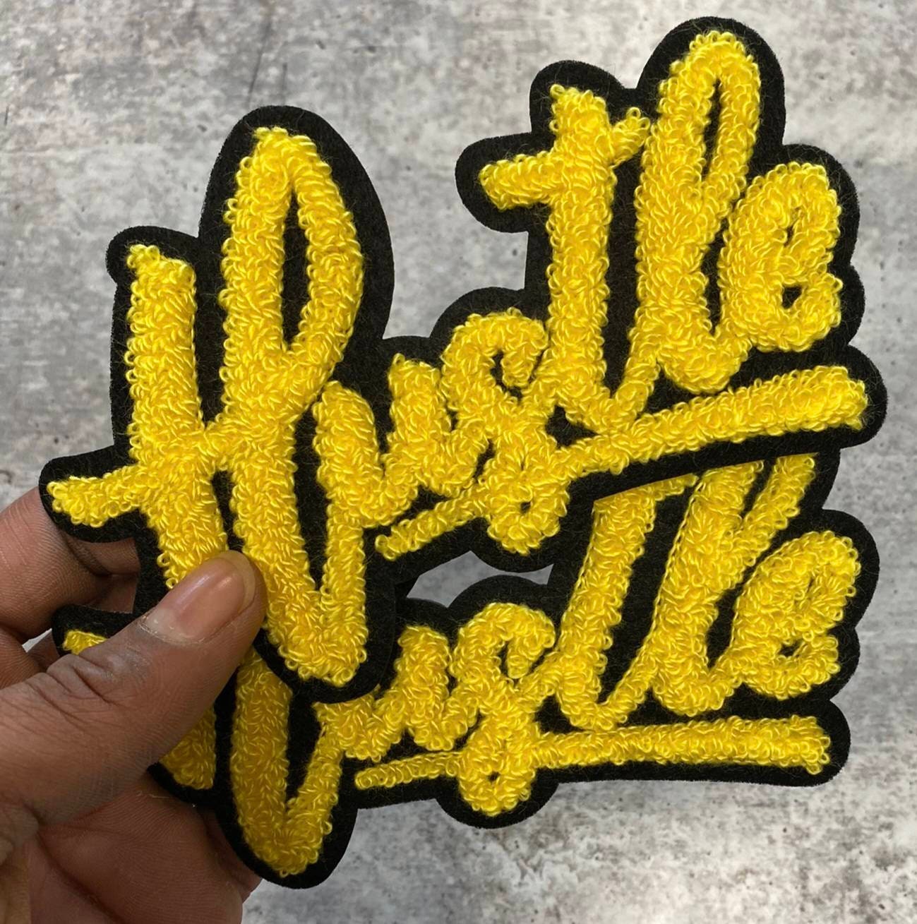 New SIZE, 1-pc Yellow & Black "Hustle" Chenille Patch (iron-on) Size 6"x4", Varsity Patch for Denim, Camos, Hoodies, Small Patch