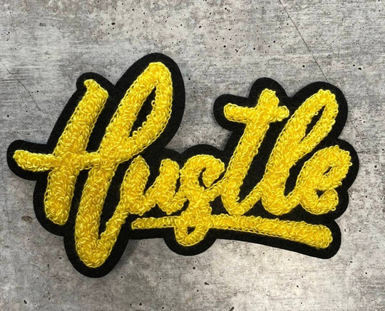 New SIZE, 1-pc Yellow & Black "Hustle" Chenille Patch (iron-on) Size 6"x4", Varsity Patch for Denim, Camos, Hoodies, Small Patch