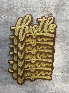 New SIZE, 1-pc Tan & Brown "Hustle" Chenille Patch (iron-on) Size 6"x4", Varsity Patch for Denim, Camos, Hoodies, Small Patch