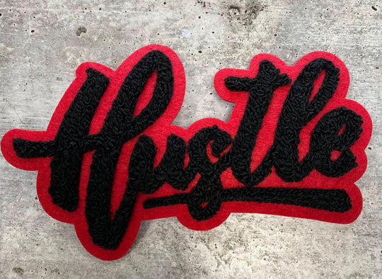New SIZE, 1-pc Black & Red "Hustle" Chenille Patch (iron-on) Size 6"x4", Varsity Patch for Denim, Camos, Hoodies, Small Patch