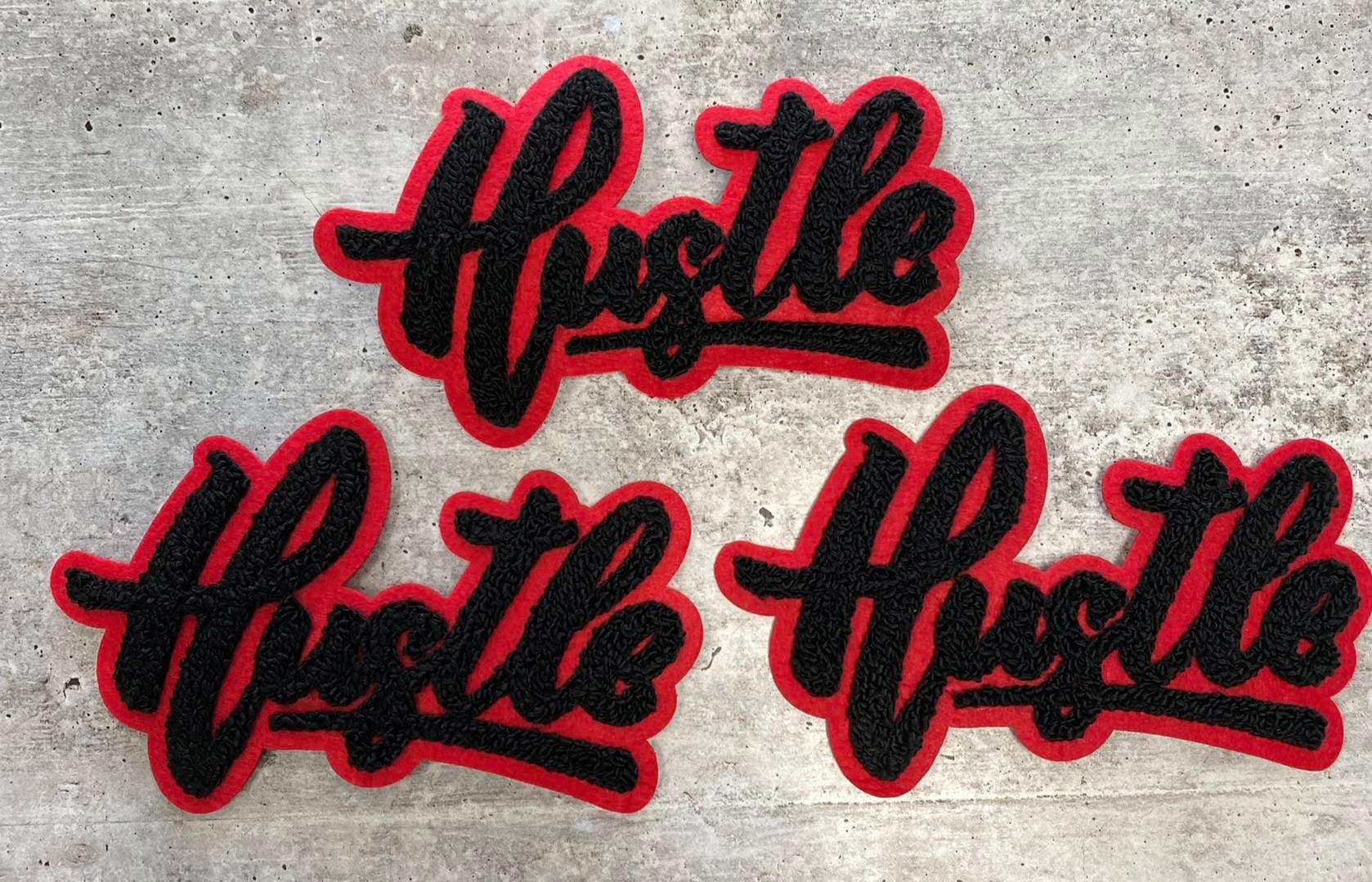 New SIZE, 1-pc Black & Red "Hustle" Chenille Patch (iron-on) Size 6"x4", Varsity Patch for Denim, Camos, Hoodies, Small Patch